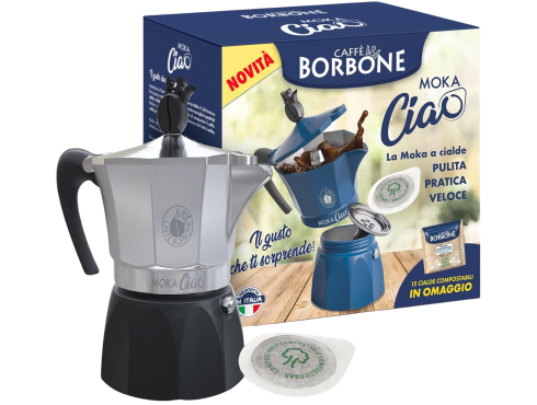 CAFFÈ BORBONE MOKACIAO CAFFETTIERA PER CIALDE ESE44 + 15 CIALDE OMAGGIO - COLORE NERO E ARGENTO (LIMITED EDITION)